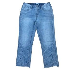 Kensie Straight Leg Crop Jeans Size 8 Light Wash Denim Embroidered Hem Floral